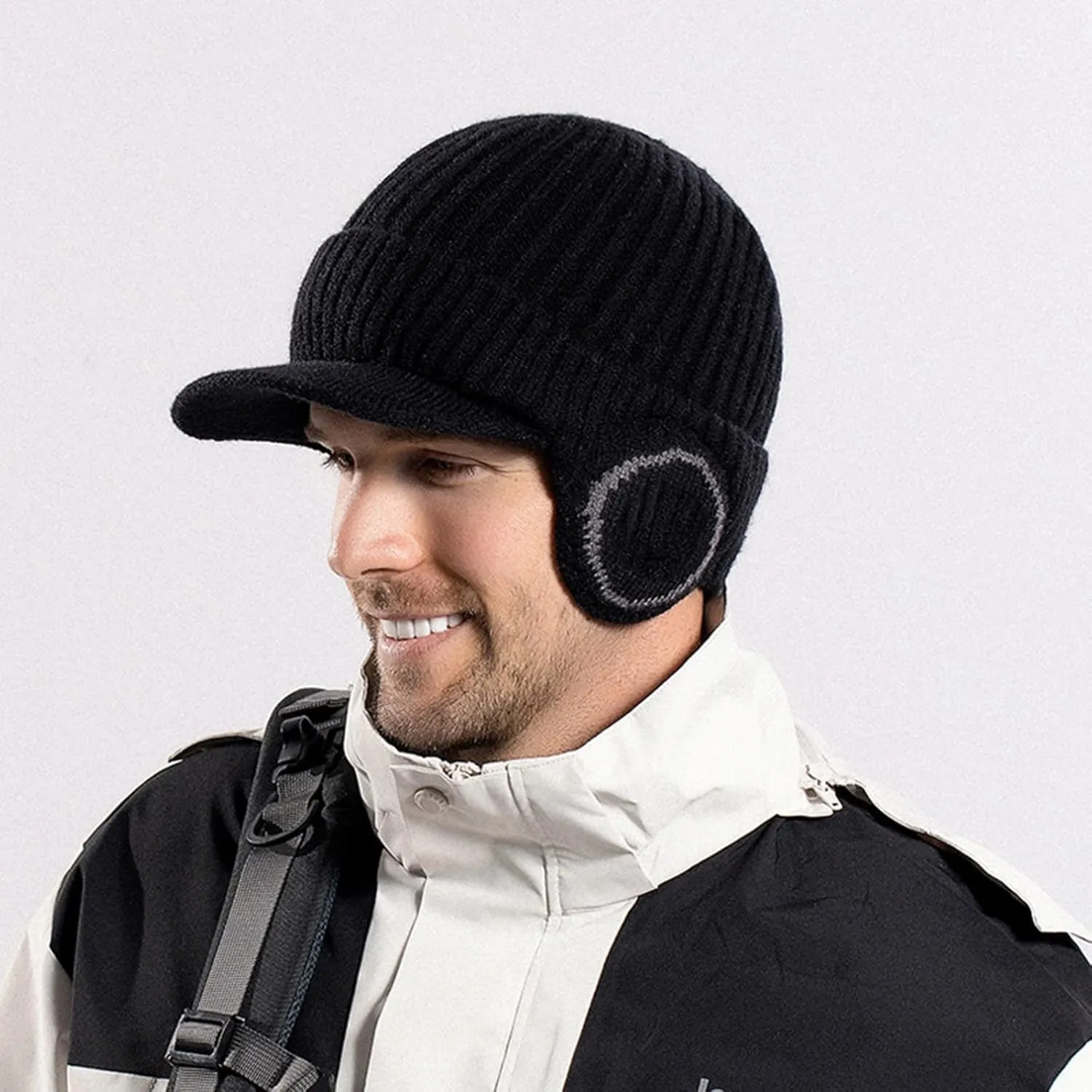 Men Earmuffs Ski Cycling Hat Warm Chunky Cable Knitted Hats Autumn and Winter Windproof Thickened Hat