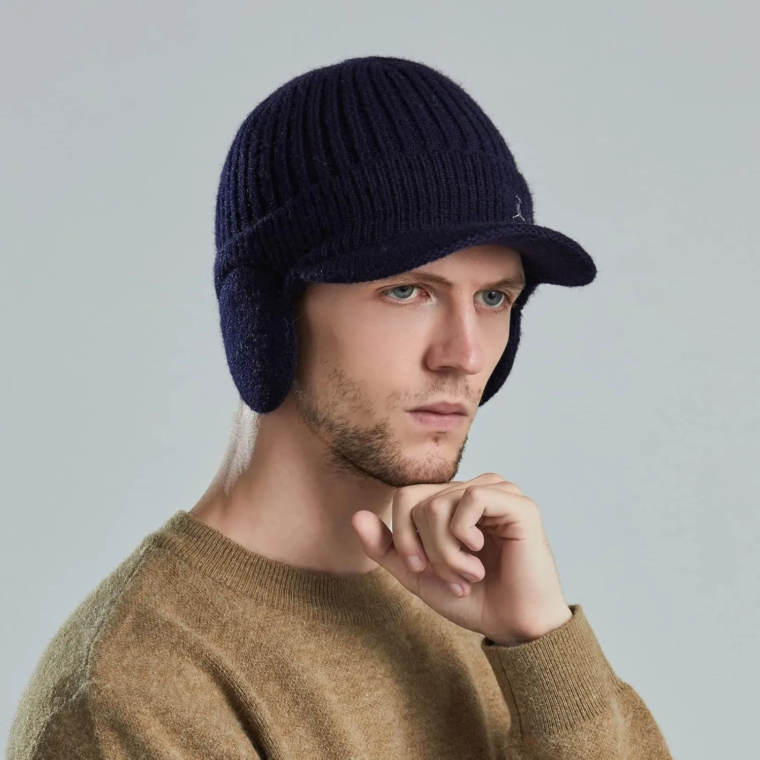 Men Earmuffs Ski Cycling Hat Warm Chunky Cable Knitted Hats Autumn and Winter Windproof Thickened Hat