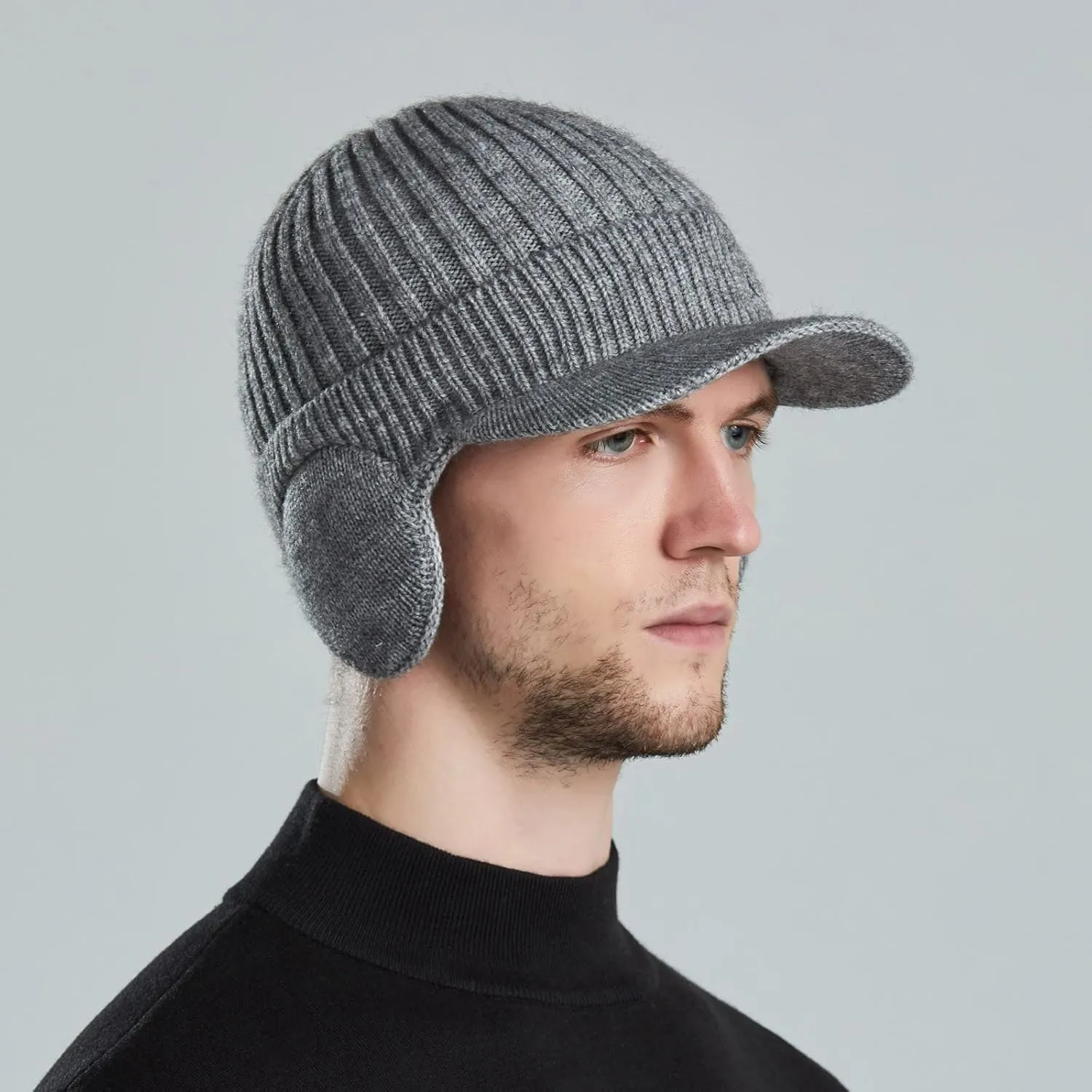 Men Earmuffs Ski Cycling Hat Warm Chunky Cable Knitted Hats Autumn and Winter Windproof Thickened Hat