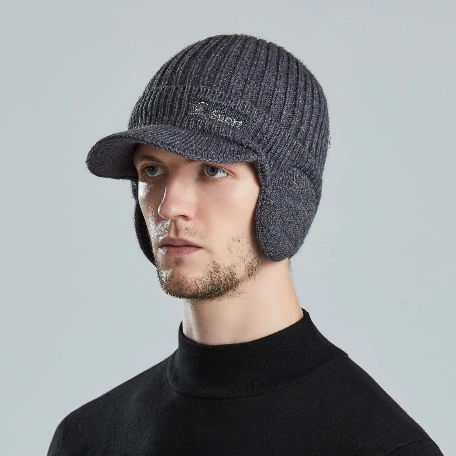 Men Earmuffs Ski Cycling Hat Warm Chunky Cable Knitted Hats Autumn and Winter Windproof Thickened Hat