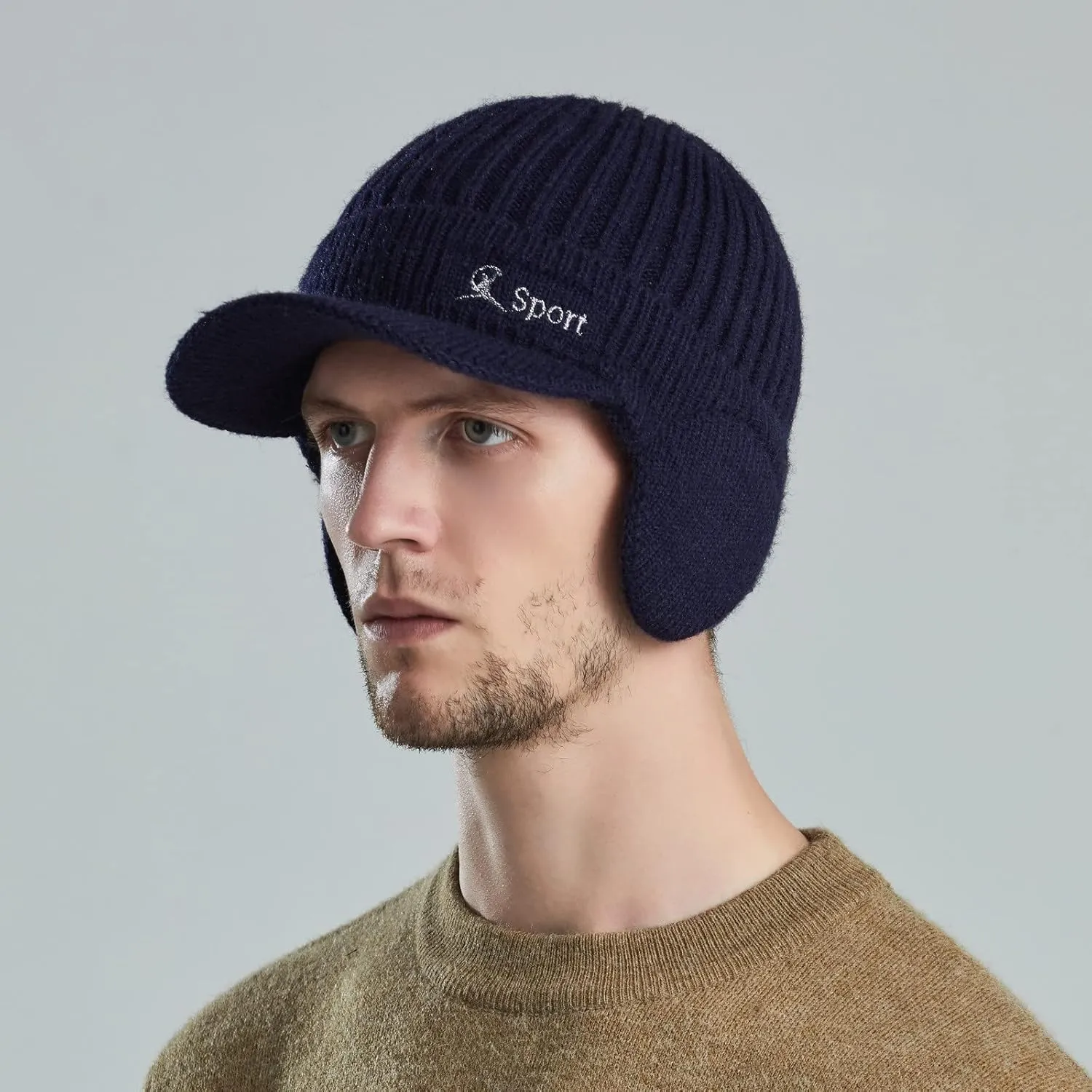 Men Earmuffs Ski Cycling Hat Warm Chunky Cable Knitted Hats Autumn and Winter Windproof Thickened Hat