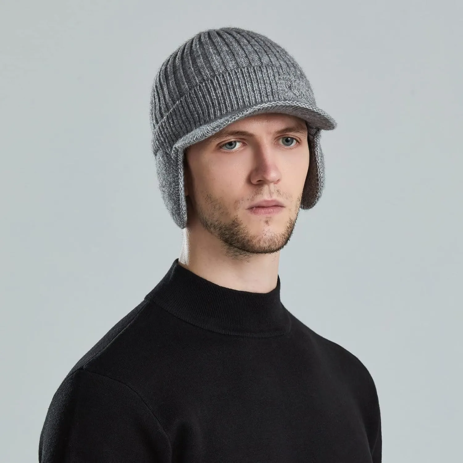Men Earmuffs Ski Cycling Hat Warm Chunky Cable Knitted Hats Autumn and Winter Windproof Thickened Hat
