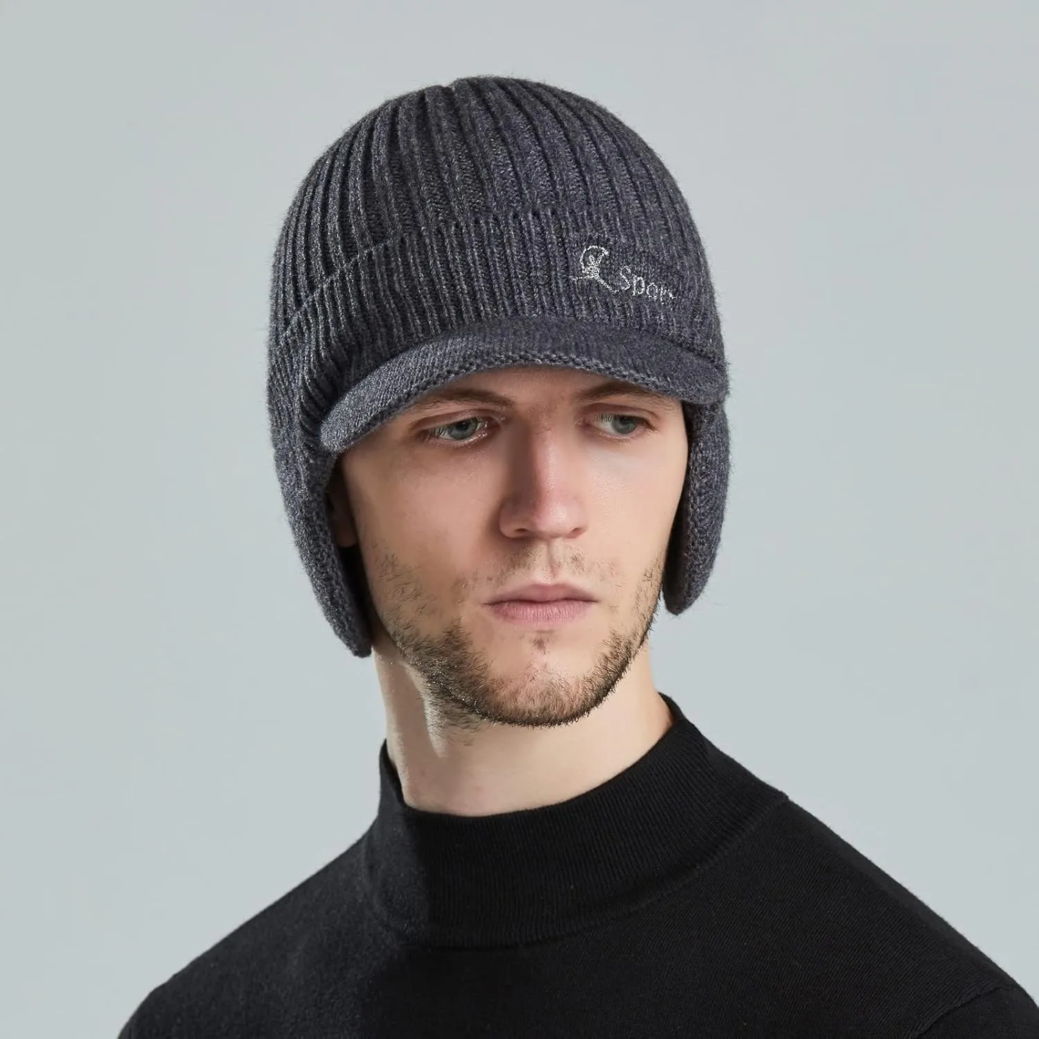 Men Earmuffs Ski Cycling Hat Warm Chunky Cable Knitted Hats Autumn and Winter Windproof Thickened Hat