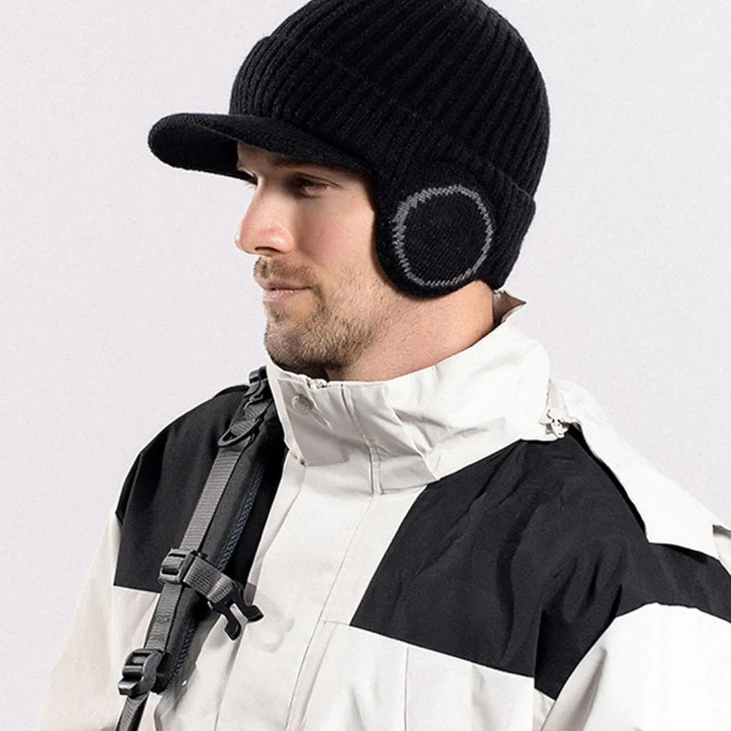 Men Earmuffs Ski Cycling Hat Warm Chunky Cable Knitted Hats Autumn and Winter Windproof Thickened Hat