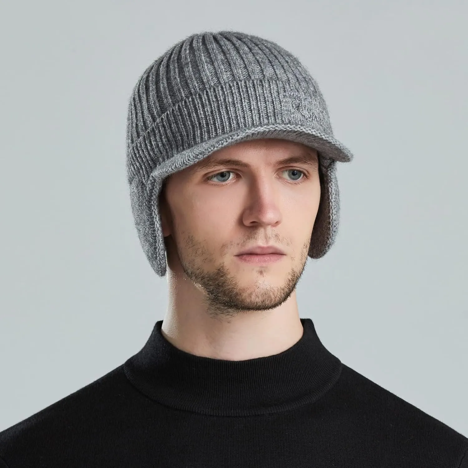 Men Earmuffs Ski Cycling Hat Warm Chunky Cable Knitted Hats Autumn and Winter Windproof Thickened Hat
