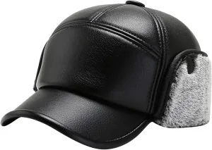 Men PU Leather Fleece Lined Baseball Cap Casual Windproof Thermal Hat Winter Earmuffs Ski Cycling Hat