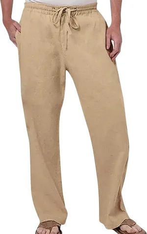 Mens Activewear Pants Mens Linen Beach Pants Summer Casual Solid Color Pants Elastic Waist Drawstring Loose Trousers with Pockets Chino Pant Black