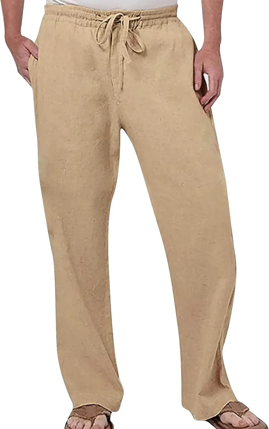 Mens Activewear Pants Mens Linen Beach Pants Summer Casual Solid Color Pants Elastic Waist Drawstring Loose Trousers with Pockets Chino Pant Black
