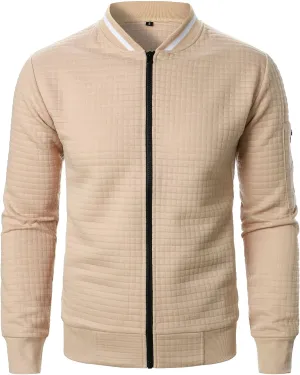 Men's Casual Plaid Cardigan Sweatshirt Stand Collar Casual Full Zip Long Sleeve Sweater Business Slim Fit Coats