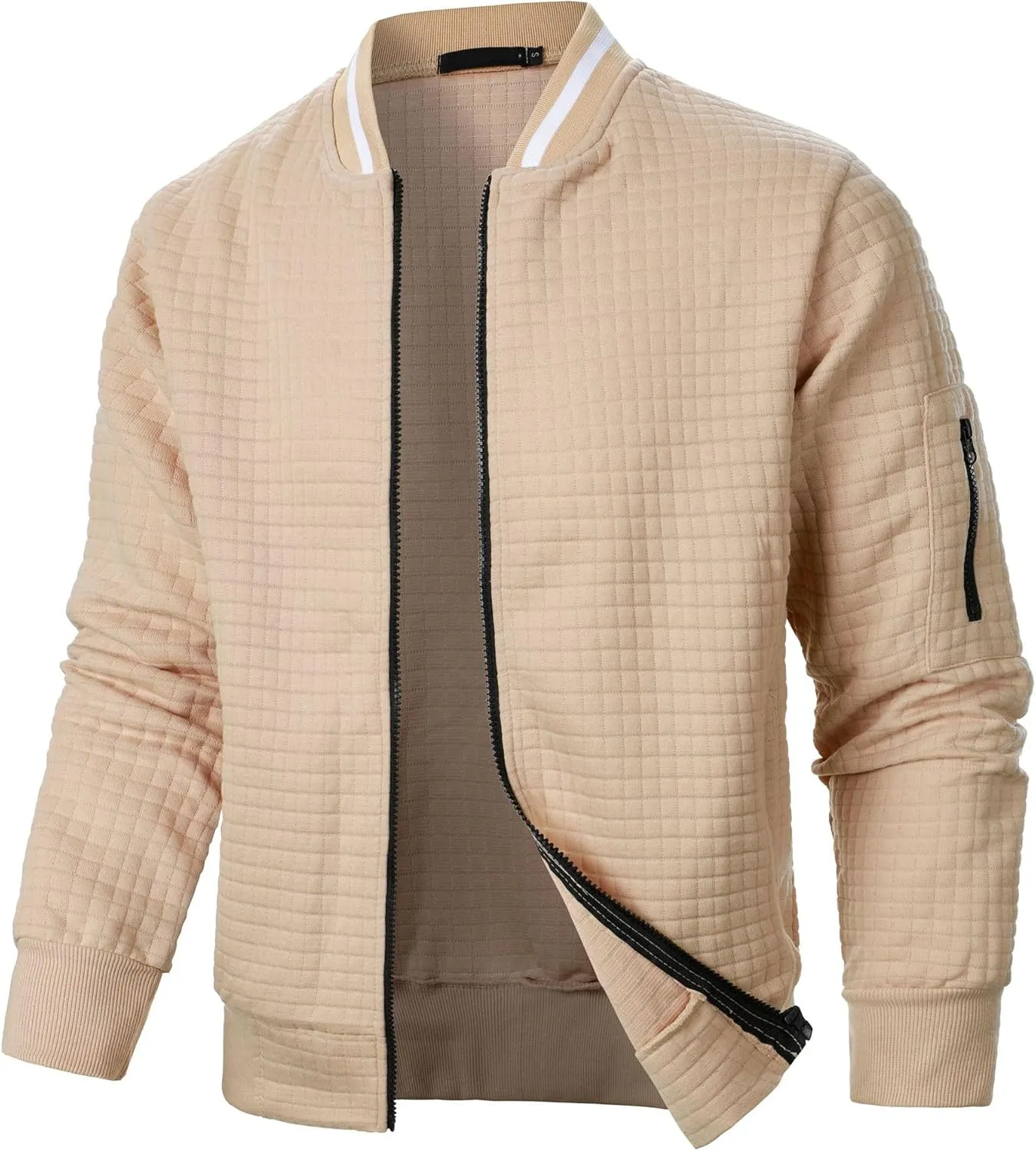 Men's Casual Plaid Cardigan Sweatshirt Stand Collar Casual Full Zip Long Sleeve Sweater Business Slim Fit Coats