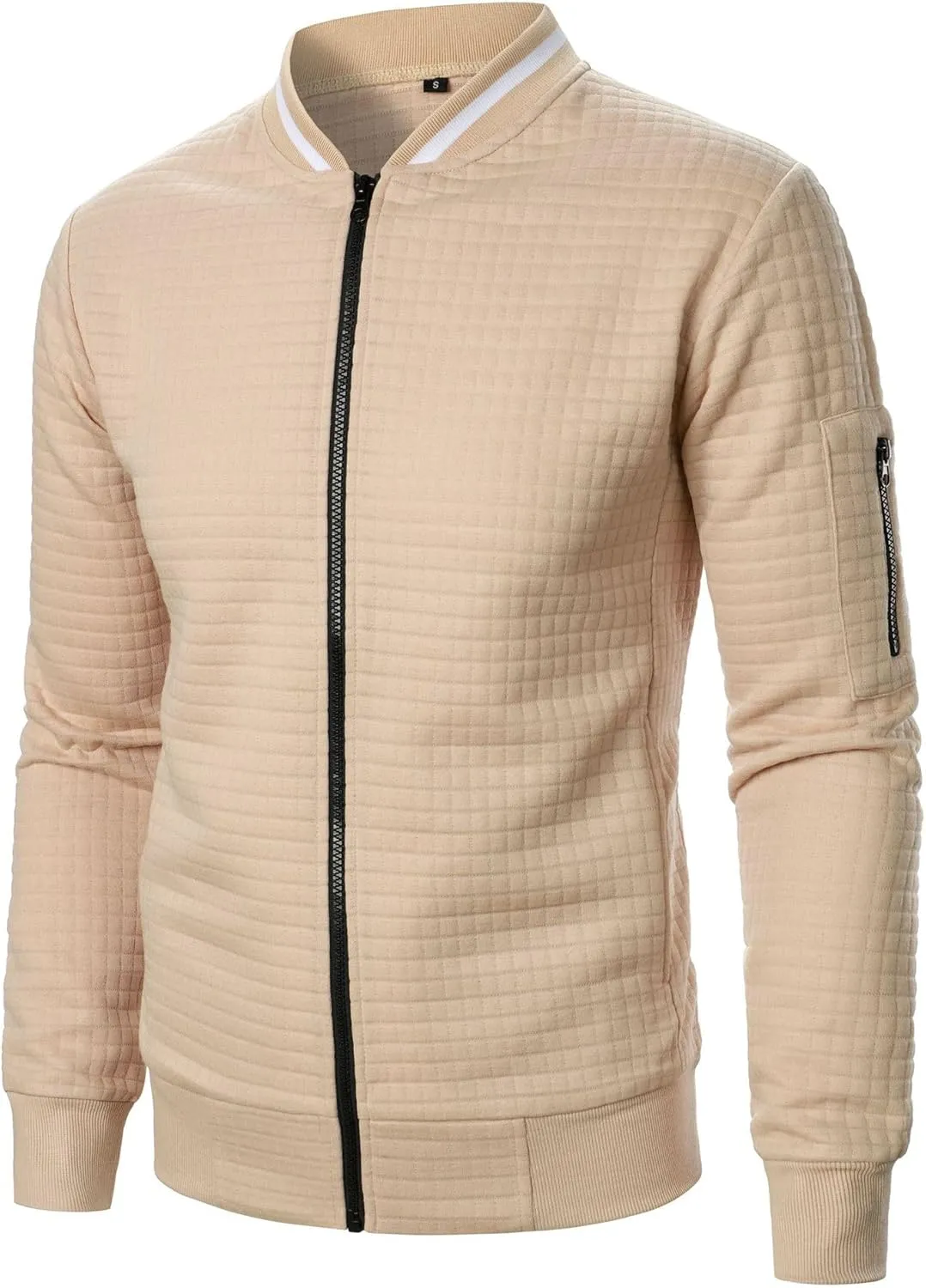 Men's Casual Plaid Cardigan Sweatshirt Stand Collar Casual Full Zip Long Sleeve Sweater Business Slim Fit Coats
