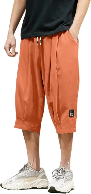 Men's Casual Shorts 3/4 Jogger Capri Pants Breathable Elastic Waist Below Knee Short Pants with Pockets Yoga Harem Pants