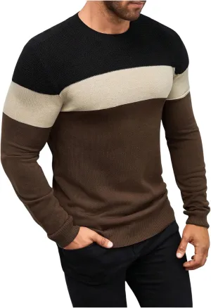 Men's Color Block Sweater Tops Crewneck Long Sleeve Vintage Pullovers Soft Knitwear