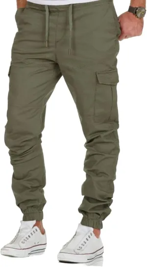 Mens Drawstring Elastic Waist Tapered Pants Gym Training Jogger Cargo Pants Slim Fit Stretch Trousers with Pockets