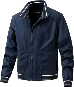 Men's Lightweight Full Zip Jacket Casual Fall Thin Coat Stand Collar Loose Contrast Softshell Windbreaker Elastic Hem