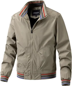 Men's Lightweight Full Zip Jacket Casual Fall Thin Coat Stand Collar Loose Contrast Softshell Windbreaker Elastic Hem