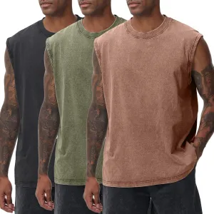 Mens Workout Tank Tops Sleeveless Tee Shirts Men Muscle Shirt Gym Acid Wash T Shirts Running Beach Loose Fit Tee