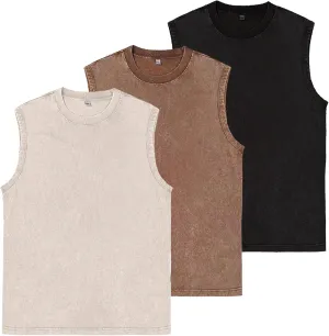 Mens Workout Tank Tops Sleeveless Tee Shirts Men Muscle Shirt Gym Acid Wash T Shirts Running Beach Loose Fit Tee