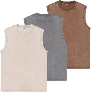 Mens Workout Tank Tops Sleeveless Tee Shirts Men Muscle Shirt Gym Acid Wash T Shirts Running Beach Loose Fit Tee