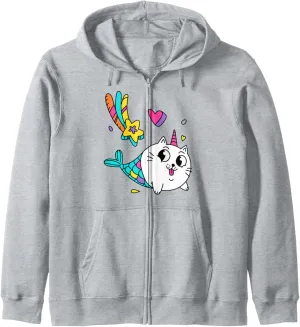 Meowgical Funny Unicorn Cat Mermaid Kids Toddler Girls Boys Zip Hoodie