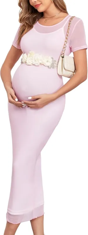 Mesh Maternity Dress Ruched Side Round Neck Pregnancy Dresses Baby Shower Wedding Guest Cocktail Party 2024 Fall