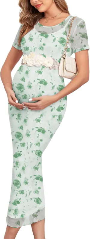 Mesh Maternity Dress Ruched Side Round Neck Pregnancy Dresses Baby Shower Wedding Guest Cocktail Party 2024 Fall