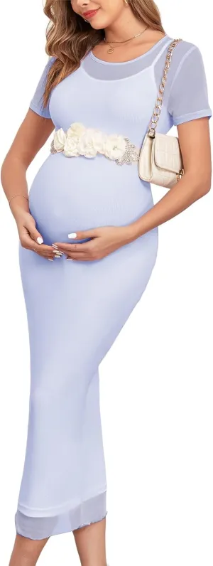 Mesh Maternity Dress Ruched Side Round Neck Pregnancy Dresses Baby Shower Wedding Guest Cocktail Party 2024 Fall