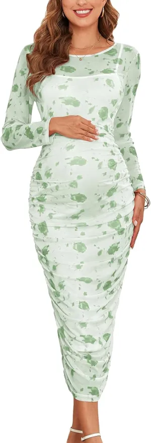 Mesh Maternity Dress Ruched Side Round Neck Pregnancy Dresses Baby Shower Wedding Guest Cocktail Party 2024 Fall