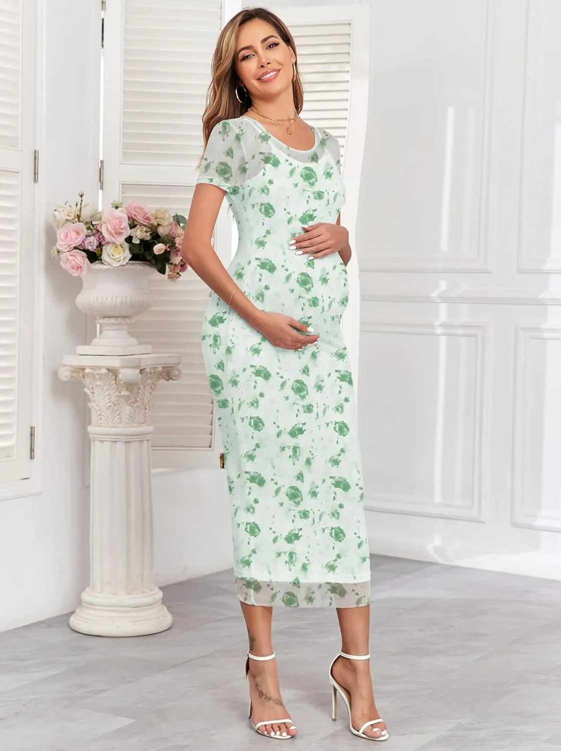 Mesh Maternity Dress Ruched Side Round Neck Pregnancy Dresses Baby Shower Wedding Guest Cocktail Party 2024 Fall