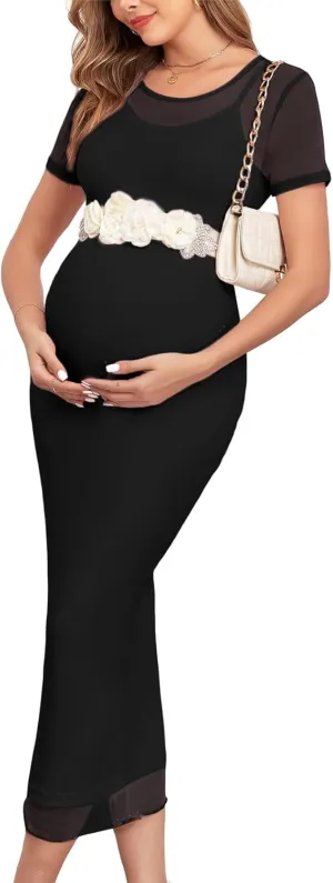 Mesh Maternity Dress Ruched Side Round Neck Pregnancy Dresses Baby Shower Wedding Guest Cocktail Party 2024 Fall