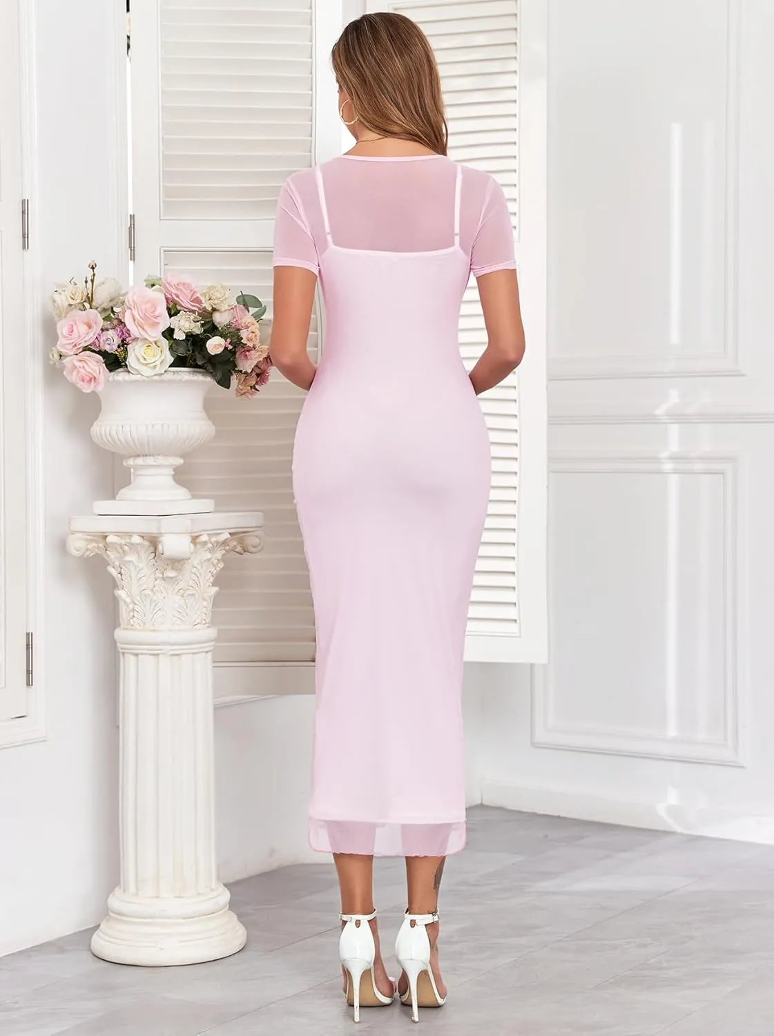 Mesh Maternity Dress Ruched Side Round Neck Pregnancy Dresses Baby Shower Wedding Guest Cocktail Party 2024 Fall