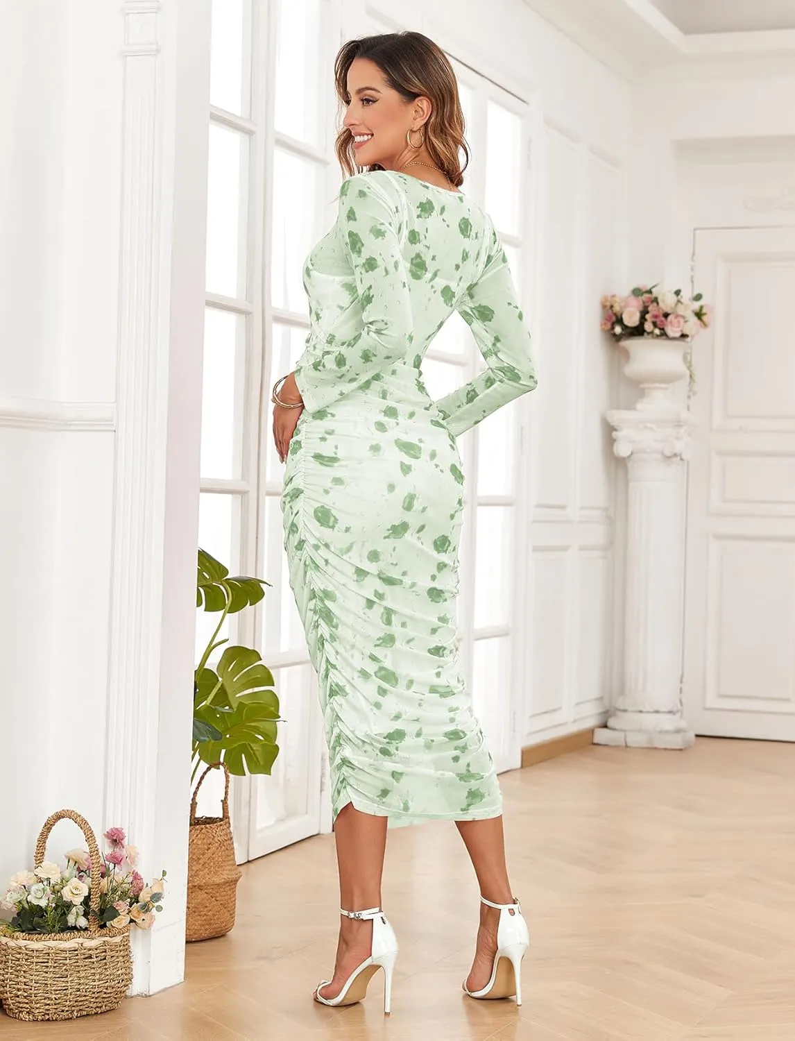 Mesh Maternity Dress Ruched Side Round Neck Pregnancy Dresses Baby Shower Wedding Guest Cocktail Party 2024 Fall