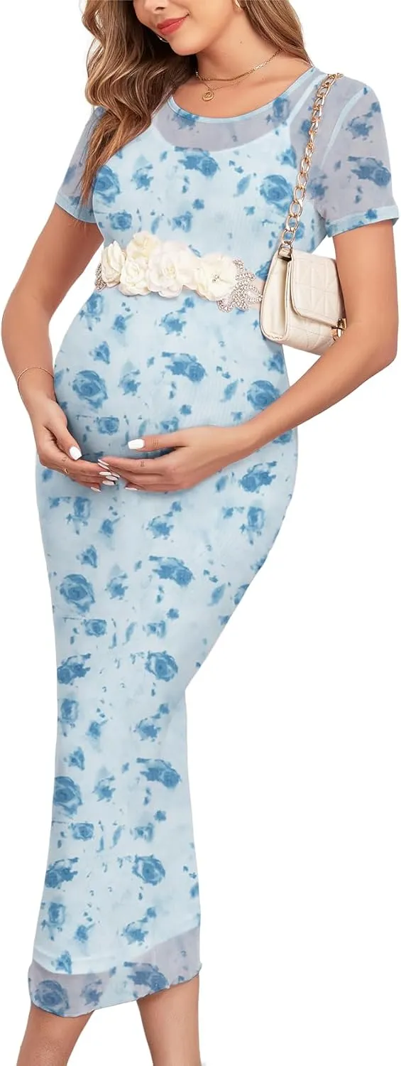 Mesh Maternity Dress Ruched Side Round Neck Pregnancy Dresses Baby Shower Wedding Guest Cocktail Party 2024 Fall