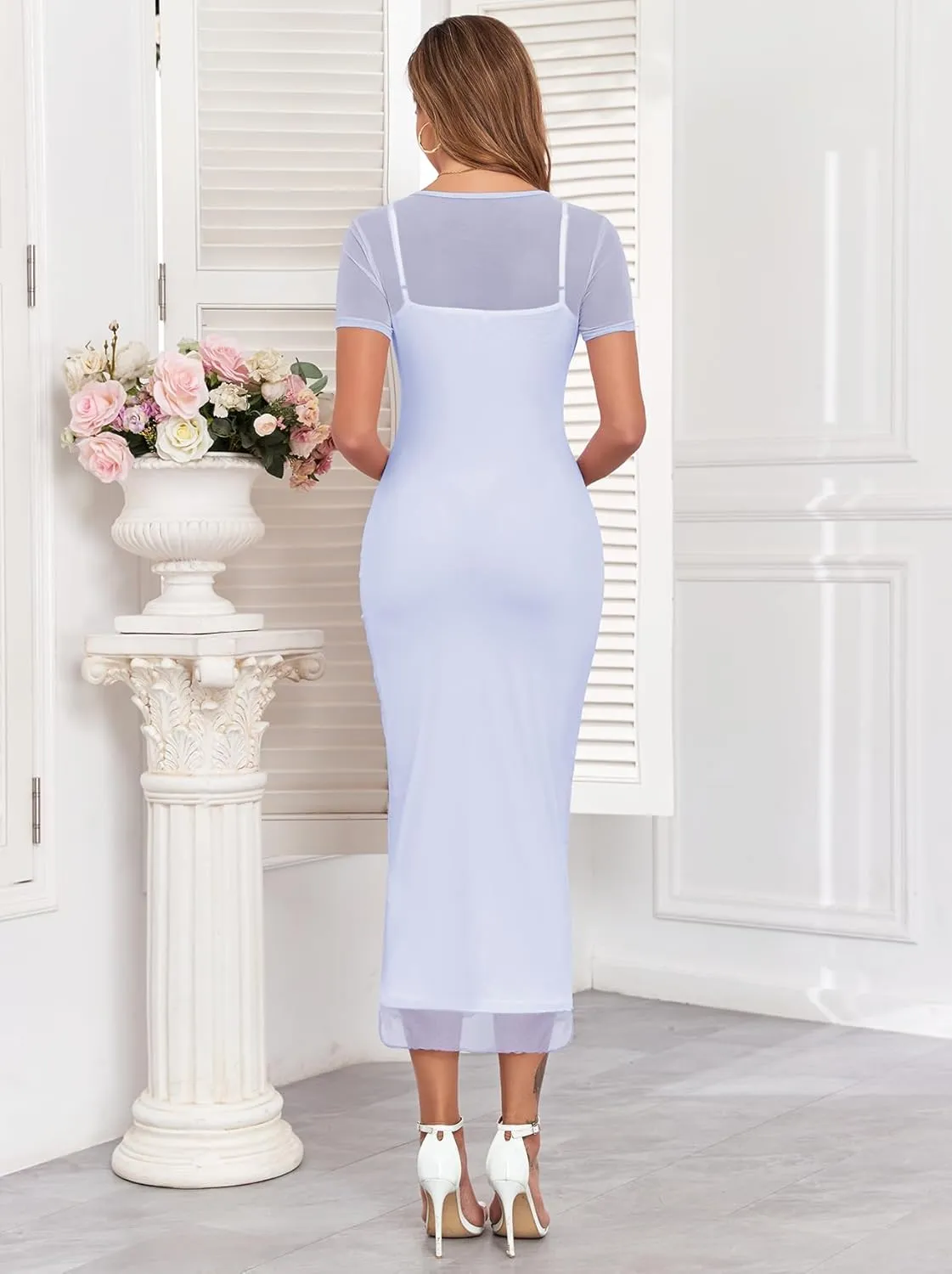 Mesh Maternity Dress Ruched Side Round Neck Pregnancy Dresses Baby Shower Wedding Guest Cocktail Party 2024 Fall