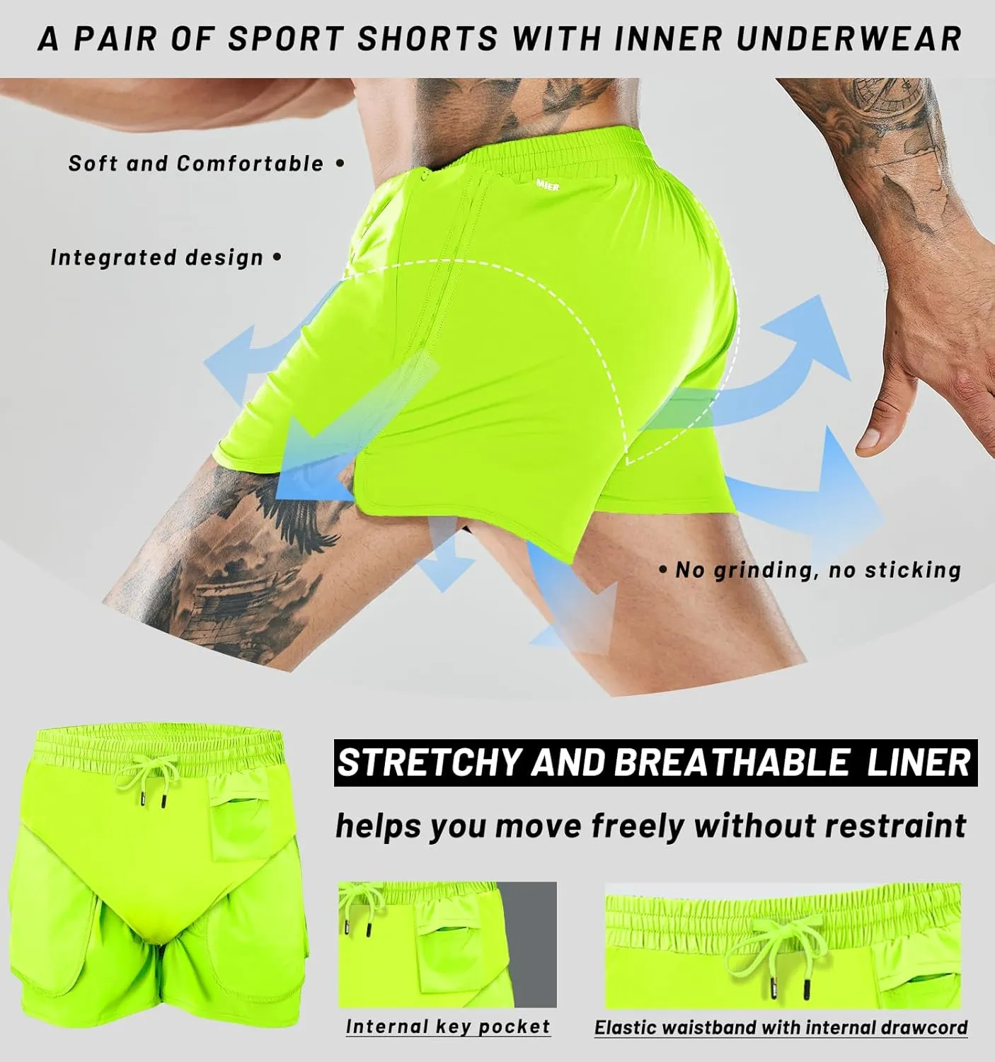 MIER Men's 3 Inches Quick Dry Running Shorts Liner Lightweight Water Resistant Athletic Workout Lined Shorts