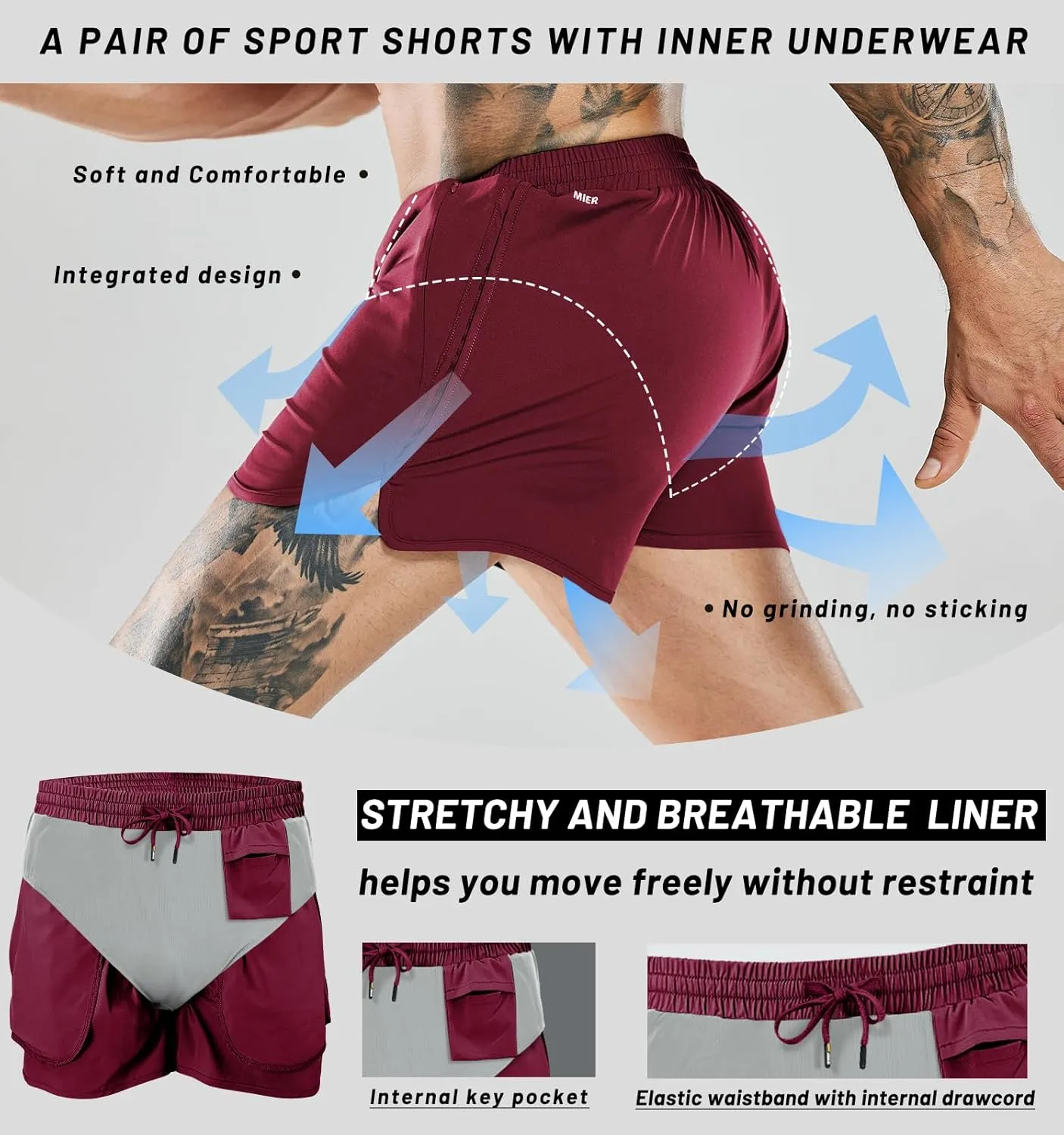 MIER Men's 3 Inches Quick Dry Running Shorts Liner Lightweight Water Resistant Athletic Workout Lined Shorts