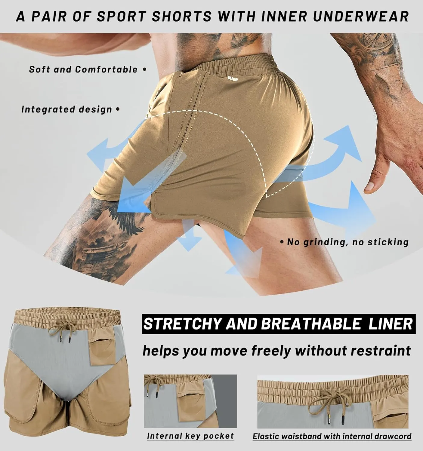 MIER Men's 3 Inches Quick Dry Running Shorts Liner Lightweight Water Resistant Athletic Workout Lined Shorts