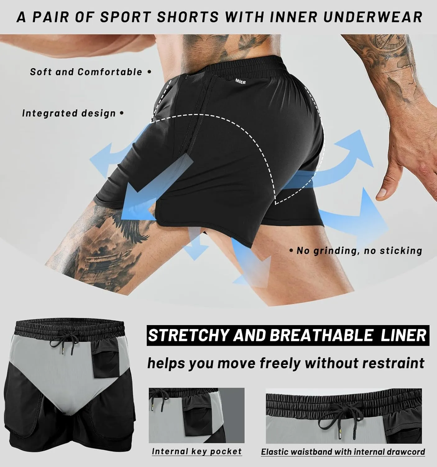 MIER Men's 3 Inches Quick Dry Running Shorts Liner Lightweight Water Resistant Athletic Workout Lined Shorts