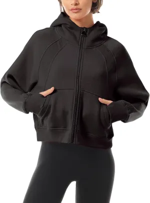 MixMatchy Women's Casual Zip Up Cropped Hoodie Sweatshirts Fleece Jackets with Pockets Thumb Hole