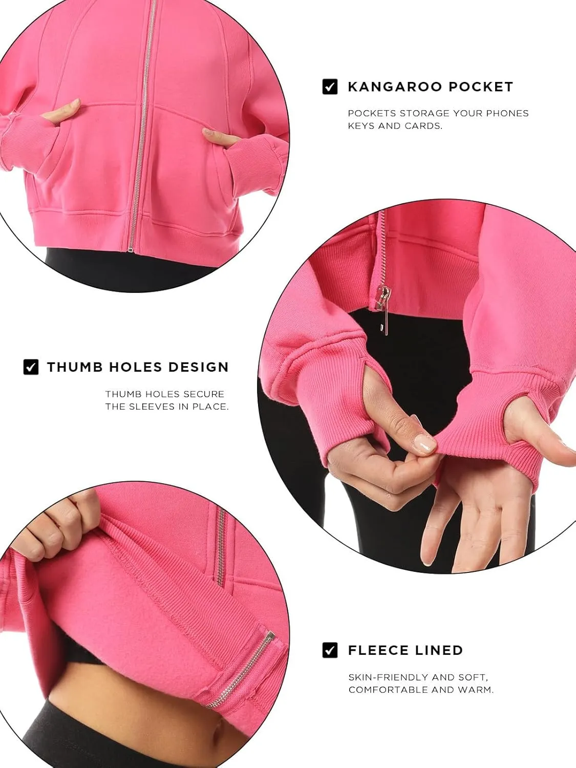 MixMatchy Women's Casual Zip Up Cropped Hoodie Sweatshirts Fleece Jackets with Pockets Thumb Hole