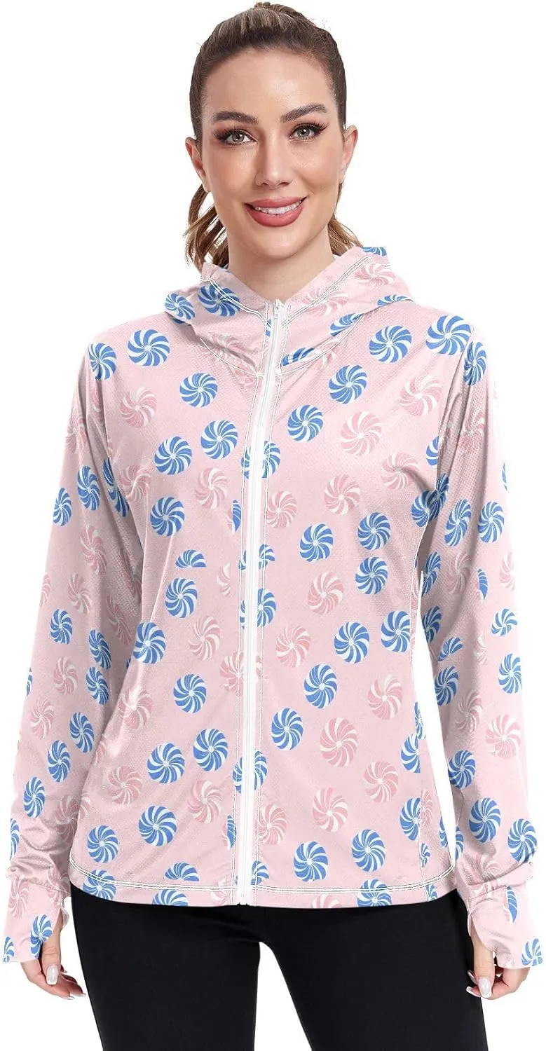 Multi-blue Pinwheels Women's Hoodie with Thumb Holes Cooling Shirts UPF 50  Protection Gym People Sweatshirt Athletic Jacket Hiking Outdoor Performance para el sol