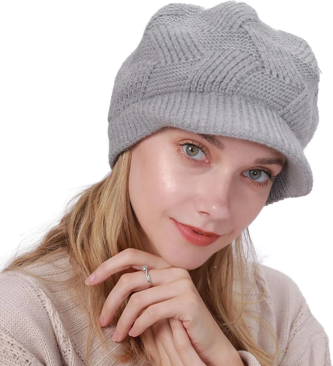 Muryobao Women Winter Warm Hat Slouchy Cable Knit Visor Crochet Beanie Hats Snow Ski Skull Cap with Brim