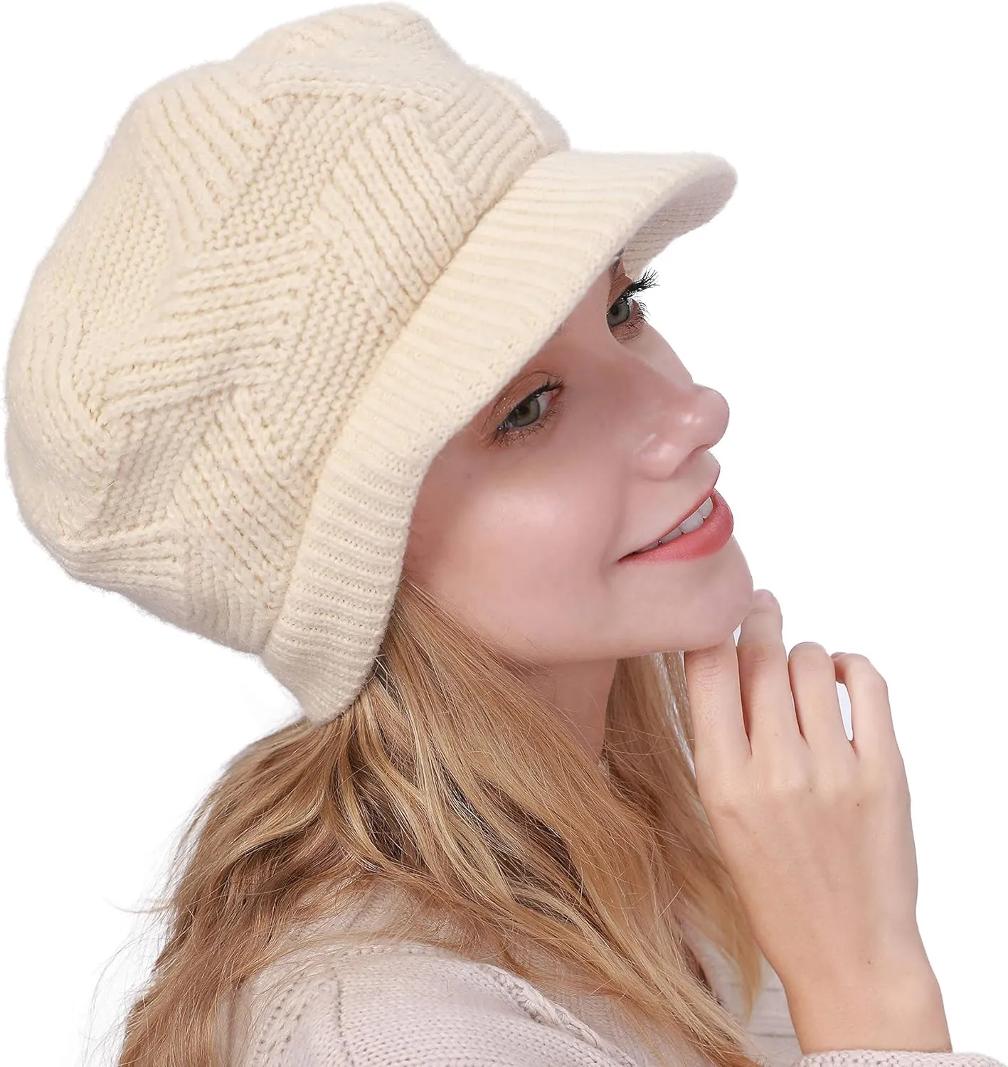 Muryobao Women Winter Warm Hat Slouchy Cable Knit Visor Crochet Beanie Hats Snow Ski Skull Cap with Brim