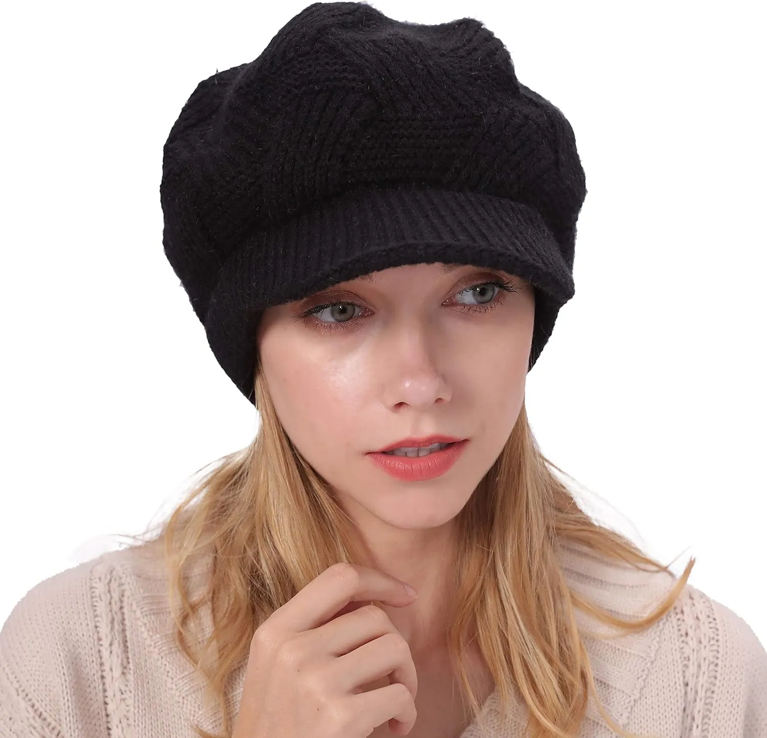 Muryobao Women Winter Warm Hat Slouchy Cable Knit Visor Crochet Beanie Hats Snow Ski Skull Cap with Brim