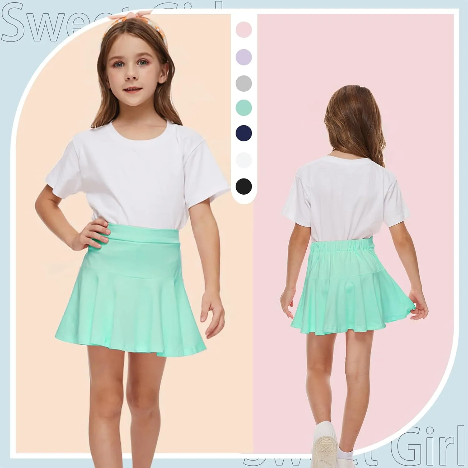 Neutocd Toddler Baby Girls Skirts Skorts Elastic Girl Pleated Skirts Kid Casual Stretch Waist Skater Skort Built in Shorts