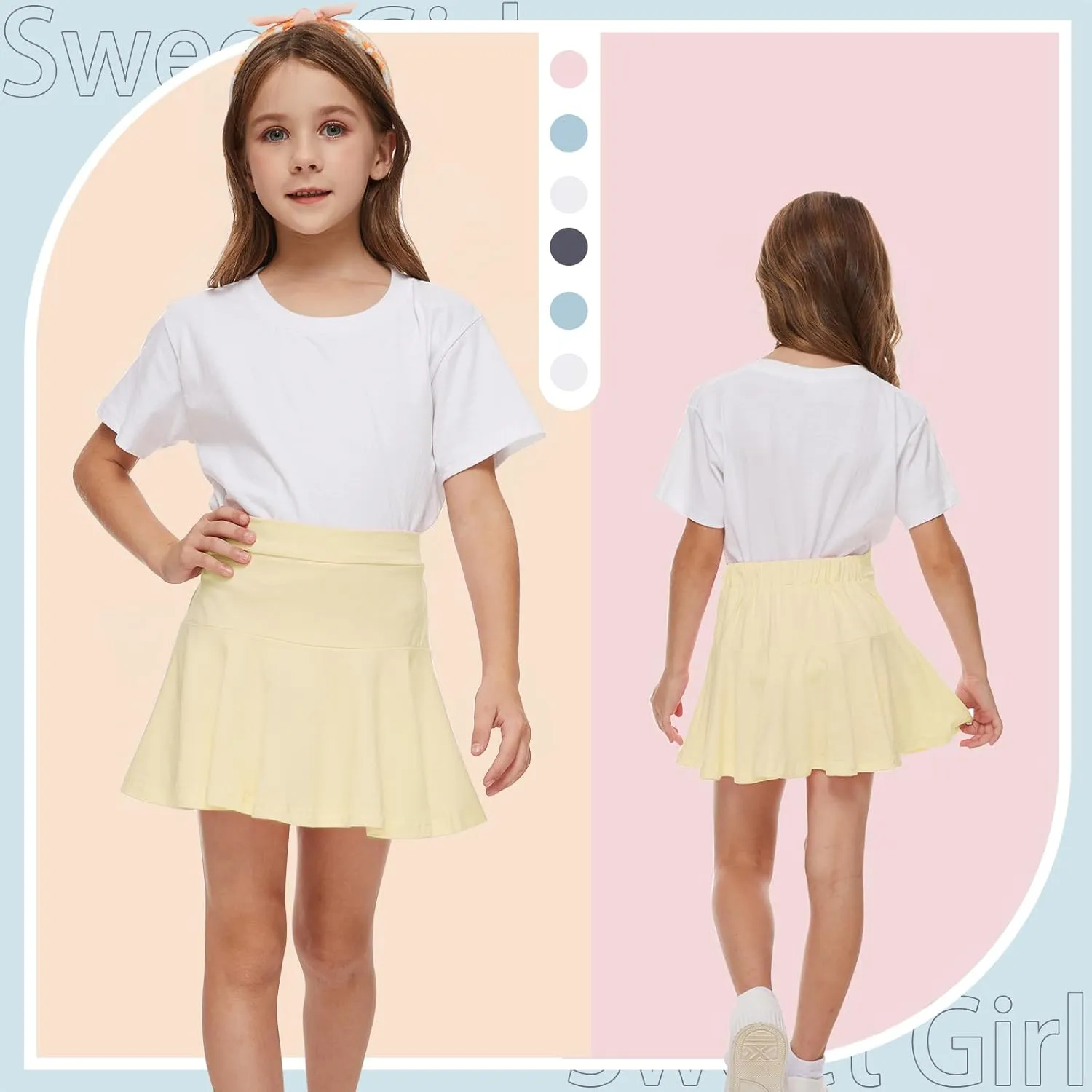 Neutocd Toddler Baby Girls Skirts Skorts Elastic Girl Pleated Skirts Kid Casual Stretch Waist Skater Skort Built in Shorts