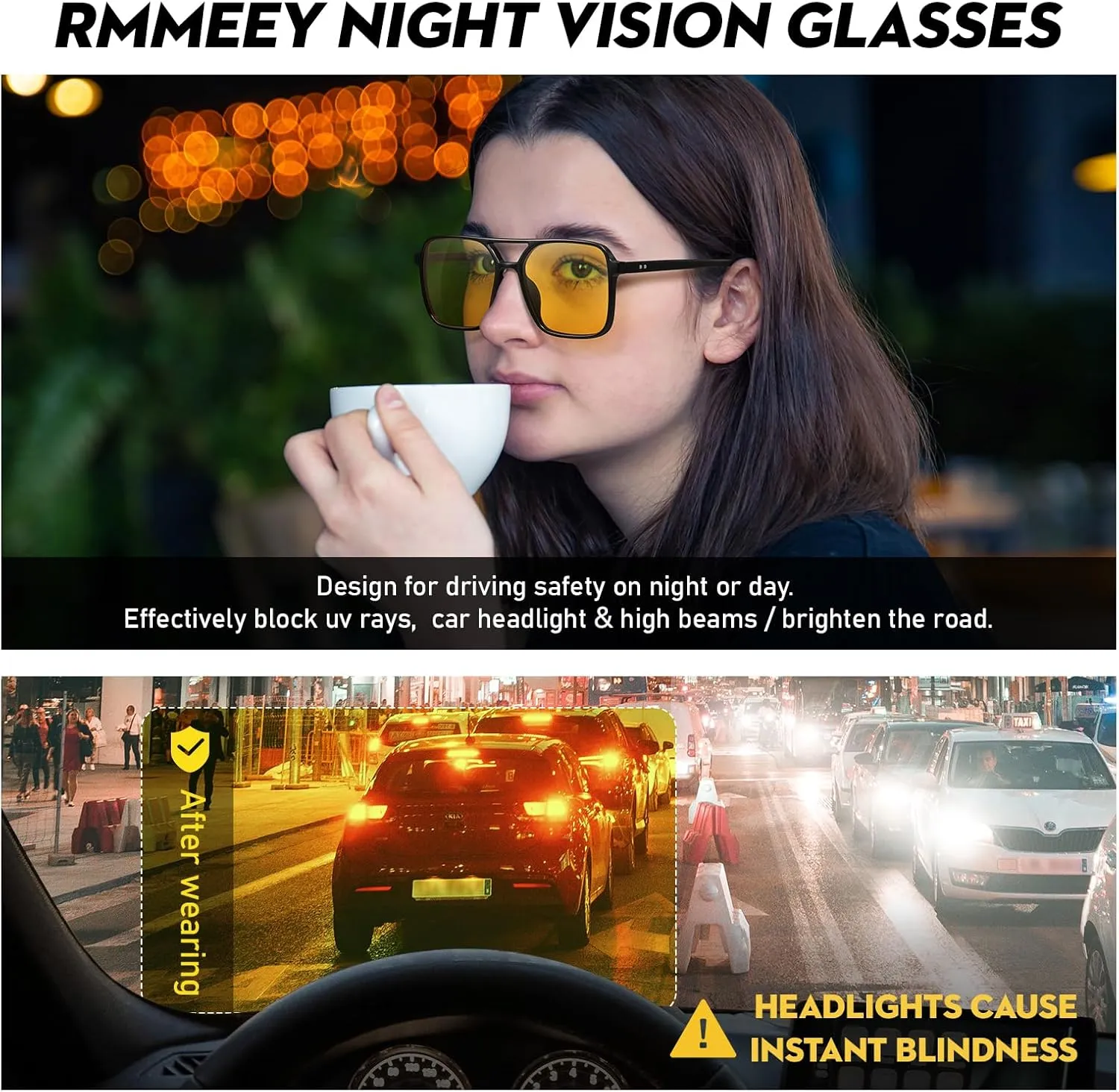 Night Vision Driving Glasses for Women 70s Aviator Sunglasses Double Bridge Anti Glare Glasses
