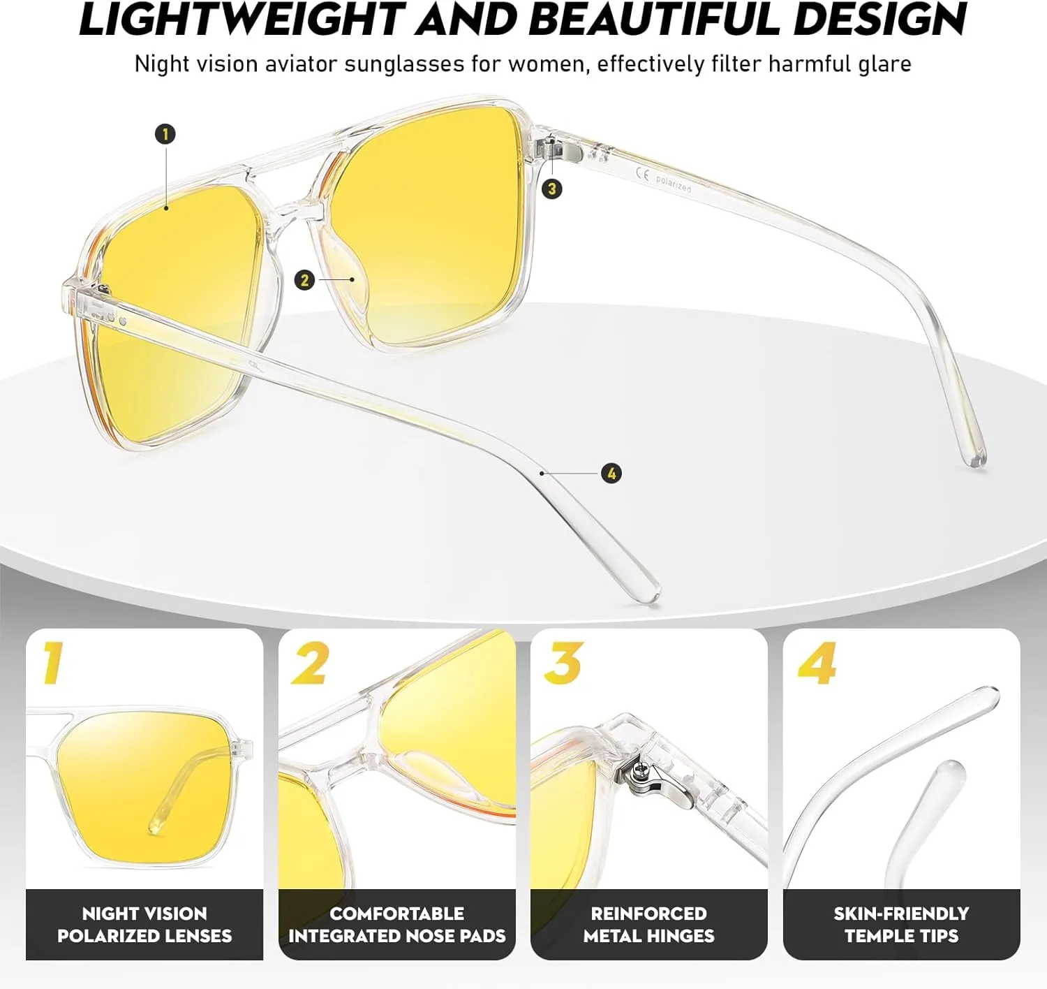 Night Vision Driving Glasses for Women 70s Aviator Sunglasses Double Bridge Anti Glare Glasses
