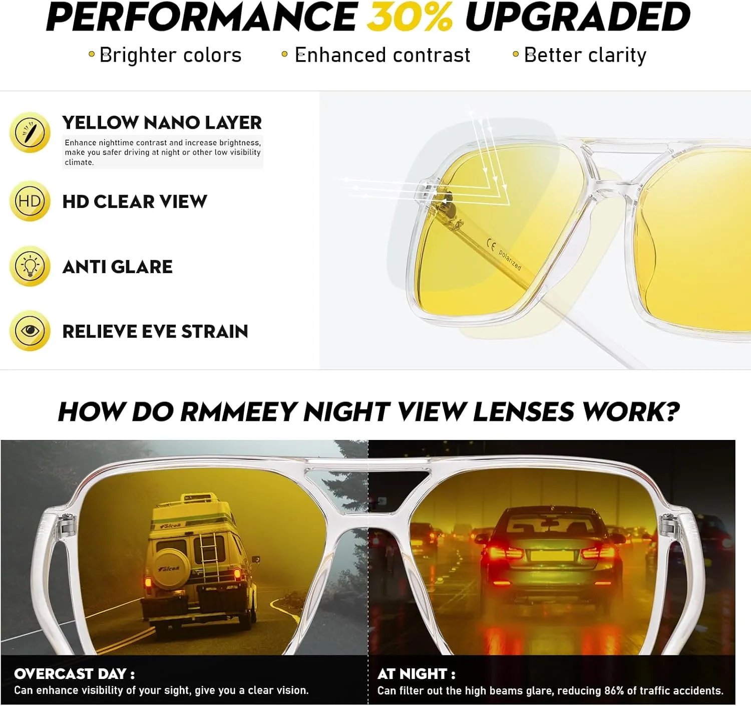 Night Vision Driving Glasses for Women 70s Aviator Sunglasses Double Bridge Anti Glare Glasses