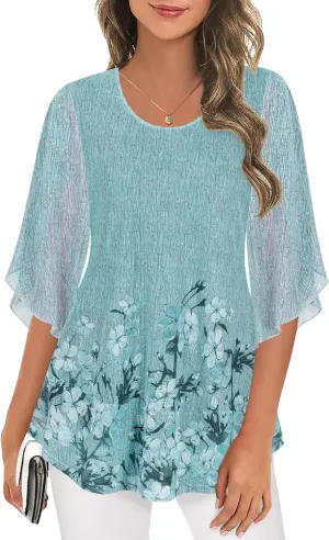 Ninedaily Women's Tops 3/4 Sleeve Blouses Dressy Casual Double Layers Mesh Tunic Shirts